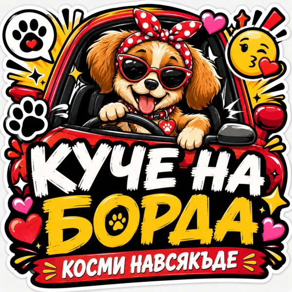 Стикер "Куче на борда, косми навсякъде "