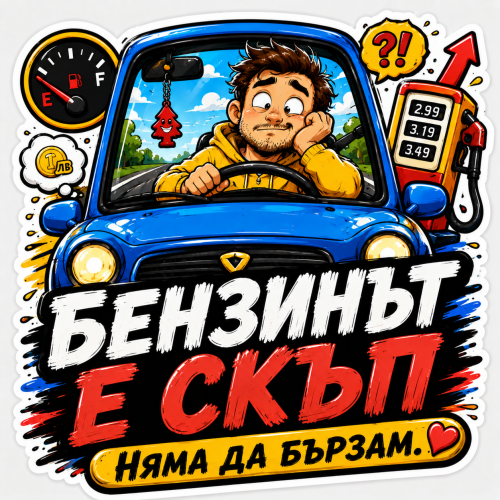 Стикер "Бензинът е скъп, няма да бързам"